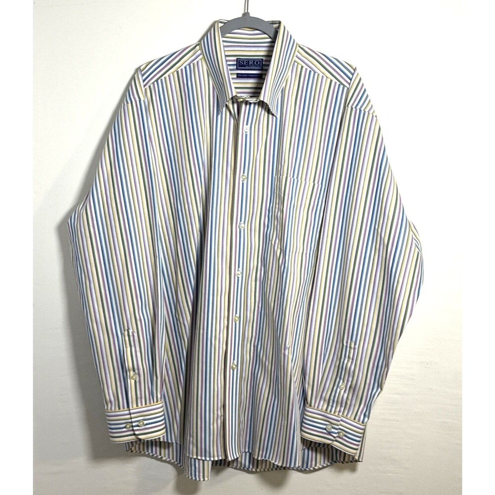 Sero By Forsyth Mens Shirt No Iron-Tailored Fit Blue Yellow White Stripe Size XL